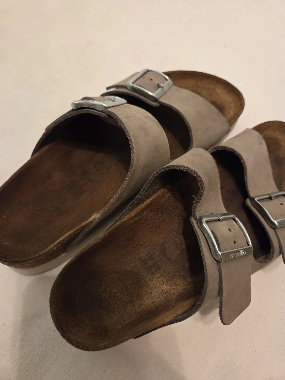 PAPILLIO By‎ BIRKENSTOCK Arizona Grey/Green Leather Two Strap Platform Sandal 40
